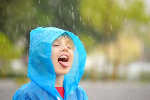 Portrait of a happy child in the pouring rain. A joyful boy in a blue raincoat catches water drops on his tongue in the pouring rain while walking. Children love to run and play in rainy weather