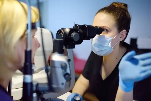 用眼科医生对灯具进行镜片检查 在眼科医生检查眼睑 晶状体 角膜的生物显微分析时 病人接受检查 视网膜和眼底检查 — 图库照片