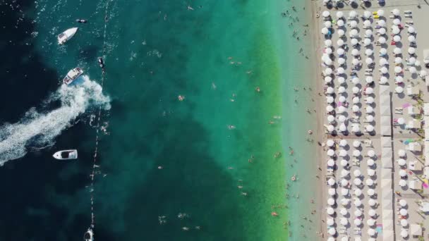 炎热的夏天 俯瞰着一个挤满了人的海滩 假日旺季 在一个完美的沙滩上 一排排白色的遮阳伞 最纯净透明的亚得里亚海 视频剪辑
