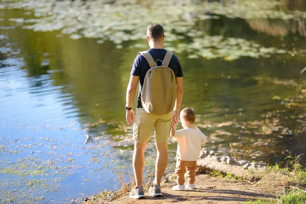 夏天的一天 一个年轻的父亲和他蹒跚学步的儿子在池塘或河边散步 一个小男孩正在学习走路 婴儿的第一步 免版税图库照片