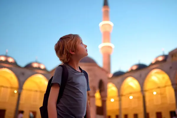 Мальчик Турист Посещает Голубую Мечеть Султана Ахмеда Достопримечательности Стамбула Турция Лицензионные Стоковые Изображения