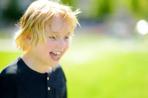 Portrét Šťastného Chlapce Předpuberťáka Při Procházkách Veřejném Parku Slunečného Letního Royalty Free Stock Fotografie