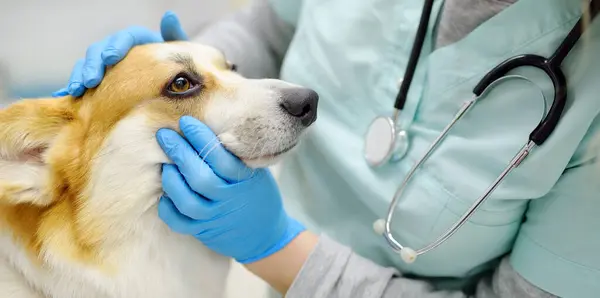 獣医師は獣医クリニックでコルギ品種の犬を検査します ヴェット医師は 検査前にペットとの接触と信頼を確立します バナー 動物の健康とワクチン接種のチェック ストック写真