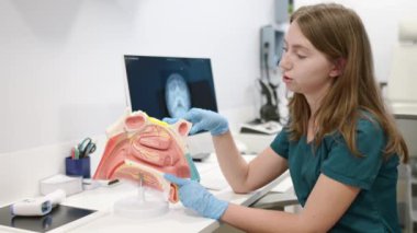 Bir otolaringolog bir hastaya bir randevuda hastalığını açıklar. Profesyonel KBB doktoru burun ve sinüs hastalıklarının özelliklerini gösteriyor. Sinüzit, burun septum sapması problemleri