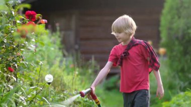 Çiçekleri sulayan, bahçe hortumuyla oynayan ve güneşli arka bahçede fıskiyeyle oynayan komik küçük çocuk. Mutlu çocuk su püskürterek eğleniyor. Çocuklar için yaz etkinliği.
