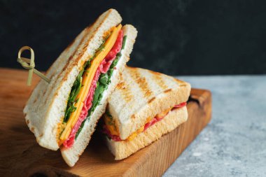Two homemade sandwiches with sausage, cheese and arugula on a light concrete background. The concept of a quick meal or snack at work or school. With copy space