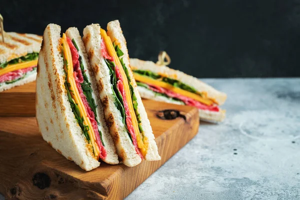 Two homemade sandwiches with sausage, cheese and arugula on a light concrete background. The concept of a quick meal or snack at work or school. With copy space