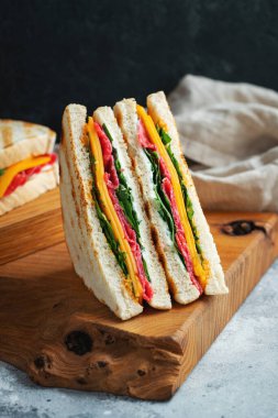 Two homemade sandwiches with sausage, cheese and arugula on a light concrete background. The concept of a quick meal or snack at work or school.