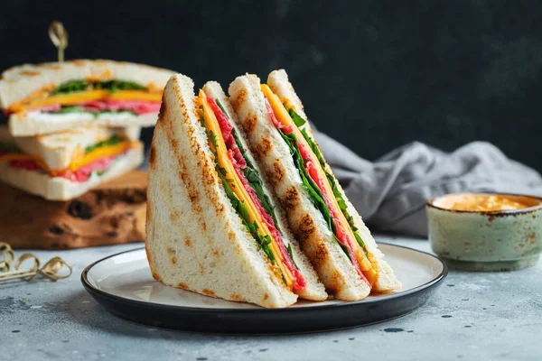 Two homemade sandwiches with sausage, cheese and arugula on a light concrete background. The concept of a quick meal or snack at work or school.