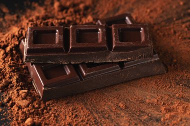 Dark and milk chocolate with nuts on a dark background sprinkled with cocoa powder. Chocolate pieces with almonds and hazelnuts close-up.