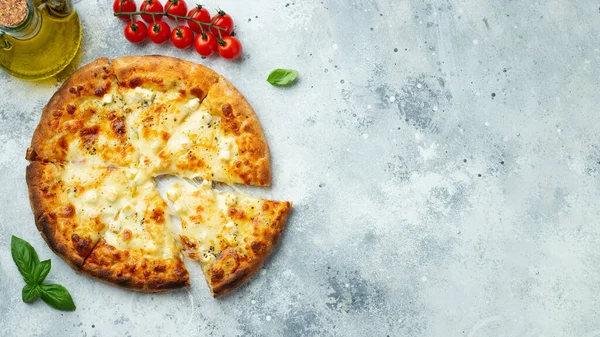 Italian Pizza Four Cheeses Stretching Cheese Basil Light Concrete Background — Stockfoto