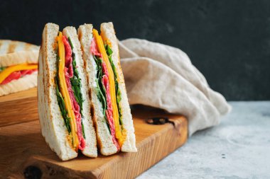 Two homemade sandwiches with sausage, cheese and arugula on a light concrete background. The concept of a quick meal or snack at work or school. With copy space