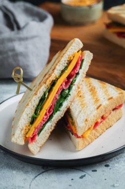 Two homemade sandwiches with sausage, cheese and arugula on a light concrete background. The concept of a quick meal or snack at work or school.