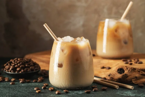 Ice Coffee Tall Glass Cream Poured Ice Cubes Beans Dark — Stock Photo, Image