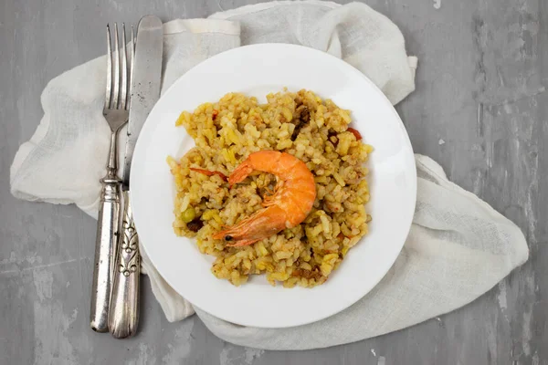 Mixed Rice Seafood Shrimp Small White Dish — Stock Photo, Image