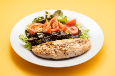 Pişmiş hindi ve sebze salatası. Beyaz tabakta taze.