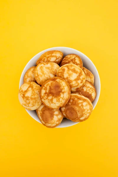 Heap Mini Cereal Pancakes White Bowl Bright Background — Stock Photo, Image