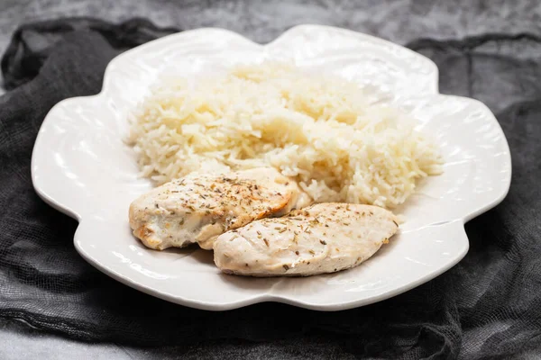 Φαγητό Διαίτης Στήθος Κοτόπουλου Βραστό Ρύζι Λευκό Πιάτο Υγιεινός Τρόπος — Φωτογραφία Αρχείου