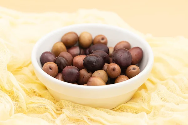 Many Salted Mixed Olives White Small Bowl — Stock Photo, Image