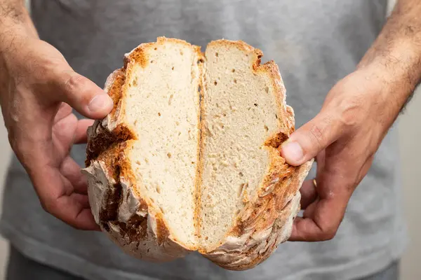 freshly baked cereal bread loaf in man hands