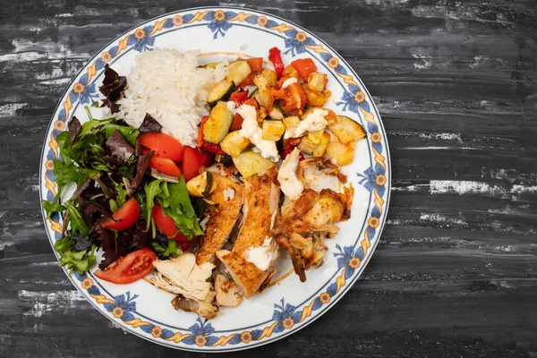 Grilled Chicken Salad Boiled Rice White Plate Stock Picture