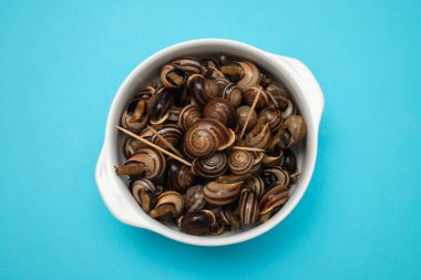 Sarı arka planda beyaz kasede bitkilerle haşlanmış salyangoz.