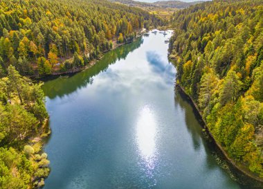 Arka planda ağaçlar ve dağlar olan güzel bir gölün panoramik görüntüsü.