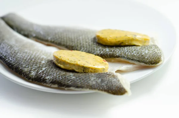 Prepared Fry Boneless Sea Bass Fillets Lemon Pepper Butter Food — Stock Photo, Image