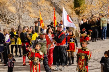 GERGAL, SPAIN - 21 JANUARY 2023 People dressed in beautiful costumes of Moors and Christians taking part in a traditional celebration, in the small Spanish village of Gergal, in the province of Almeria, Spain