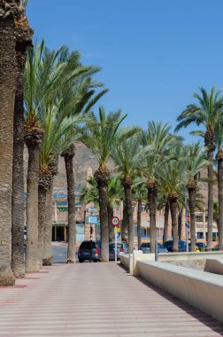 AQUADULCE, SPAIN - 29 Mart 2023 Almerya kıyısı boyunca Almerya 'nın en önemli turistik kentlerinden birinde gezinti