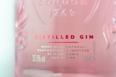 LONDON, UK - 21 Haziran 2023 Gordon 's Pink, Gordon' s Pink 'in ahududu ve çileğin doğal tatlılığıyla güzel bir pembe renkte kırmızı frenk üzümü tadında bir karışımıdır.