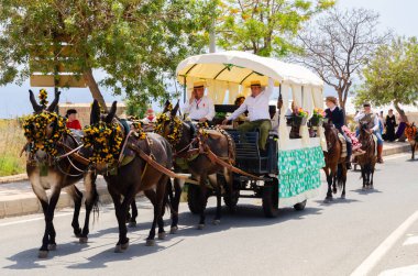 NERJA, SPAIN - 15 Mayıs 2022 Şehir sakinleri, arabalar, arabalar, atlar, öküzler ve traktörler, komşu köylerden gelen çiftçiler hepsi en iyi ve en güzel geleneksel halk kostümlerini giymişti.
