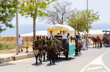 NERJA, SPAIN - 15 Mayıs 2022 Şehir sakinleri, arabalar, arabalar, atlar, öküzler ve traktörler, komşu köylerden gelen çiftçiler hepsi en iyi ve en güzel geleneksel halk kostümlerini giymişti.
