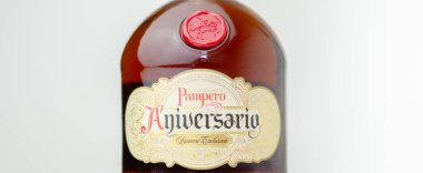 LONDON, UNITED KINGDOM - JUNE 28, 2022 The bottle Ron Pampero Aniversario Rum contains a carefully selected selection of aged rums aged for 12 years in American oak barrels