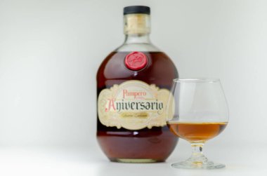 LONDON, UNITED KINGDOM - JUNE 28, 2022 The bottle Ron Pampero Aniversario Rum contains a carefully selected selection of aged rums aged for 12 years in American oak barrels