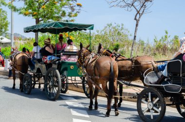 NERJA, SPAIN - 15 Mayıs 2022 Şehir sakinleri, arabalar, arabalar, atlar, öküzler ve traktörler, komşu köylerden gelen çiftçiler hepsi en iyi ve en güzel geleneksel halk kostümlerini giymişti.