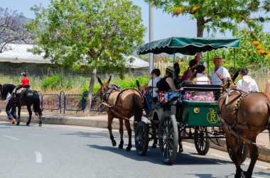NERJA, SPAIN - 15 Mayıs 2022 Şehir sakinleri, arabalar, arabalar, atlar, öküzler ve traktörler, komşu köylerden gelen çiftçiler hepsi en iyi ve en güzel geleneksel halk kostümlerini giymişti.