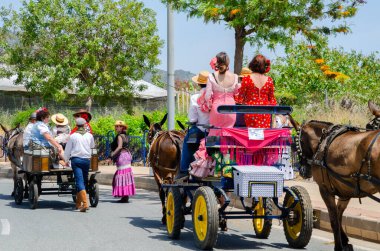 NERJA, SPAIN - 15 Mayıs 2022 Şehir sakinleri, arabalar, arabalar, atlar, öküzler ve traktörler, komşu köylerden gelen çiftçiler hepsi en iyi ve en güzel geleneksel halk kostümlerini giymişti.