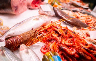 İspanyol deniz kentinde bir balık tezgahında taze ve çeşitli deniz ürünleri ve balıklar. Balık pazarı.