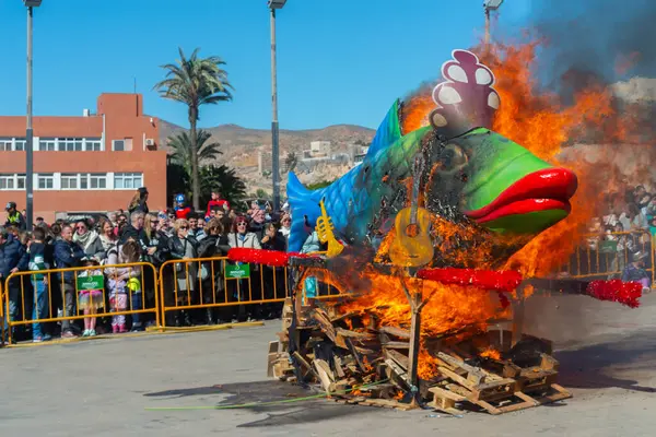 ALMERIA, SPAIN - 28 Şubat 2024 İspanya 'nın Almerya kentindeki karnavalı sona erdiren sardalyanın halk önünde yakıldığı yer.
