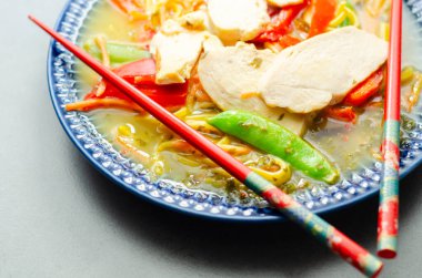 Zencefil ve siyah mantarlı tavuk çorbası, yüksek proteinli buğday eriştesi, dilimlenmiş tavuk göğsü, jülyen havucu.