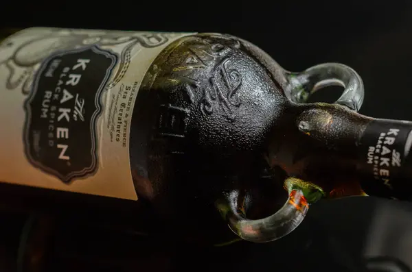 stock image LONDON, UNITED KINGDOM - FEBRUARY 1, 2022 Bottle of The Kraken black rum, alcohol blended with a mix of 11 spices, spirit from Trinidad, Caribbean