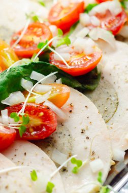 Bir tabak dolusu sebze ve et. Sebzeler arasında domates, soğan ve yeşil biber yer alıyor. Yemek maydanozla süslenmiş, kumaş ve renklerin karışımı var.