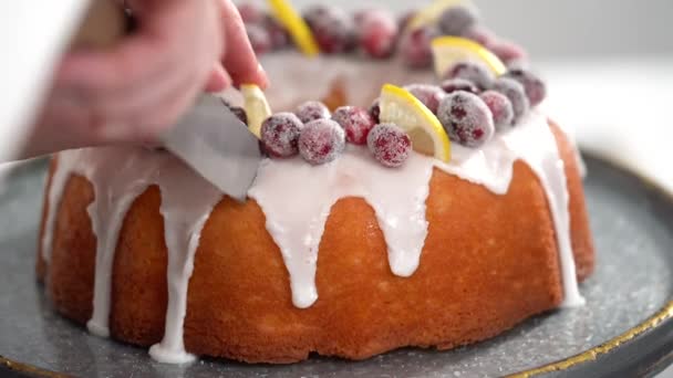 Time Lapse Step Step Slicing Lemon Cranberry Bundt Cake Decorated — Stock Video