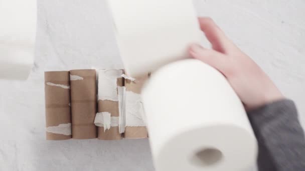 Flat Lay New Empty White Toilet Paper Rolls Gray Background — Stock Video