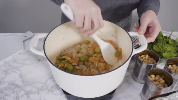 Cocinar Sopa Vegetariana Frijol Blanco Horno Holandés Hierro Fundido — Vídeos de Stock
