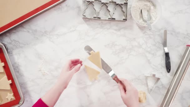 Plat Gelegd Suikerkoekjes Uitsnijden Met Een Gigantische Kerstkoekjessnijder — Stockvideo