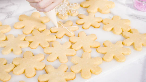 Stp Step Icing Snowflake Shaped Sugar Cookies White Royal Icing — Stock Photo, Image