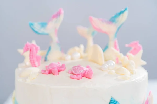 Mermaid Themed Layer Vanilla Cake Decorated Chocolate Mermaid Tails Seashells — Stock Photo, Image