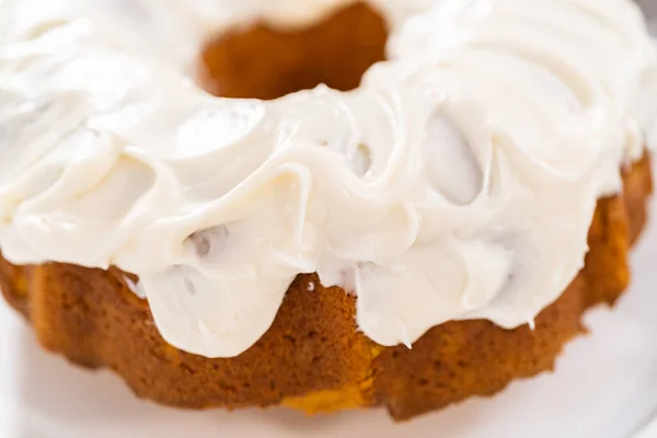 Freshly Baked Pumpkin Bunt Cake Cream Cheese Frosting Kitchen Counter Royalty Free Stock Photos